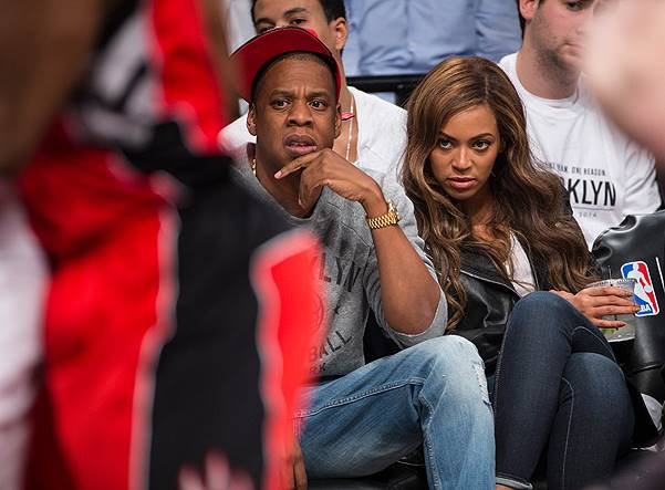 Jay-Z and Beyonce cheer on the Brooklyn Nets for game six of the NBA Playoffs