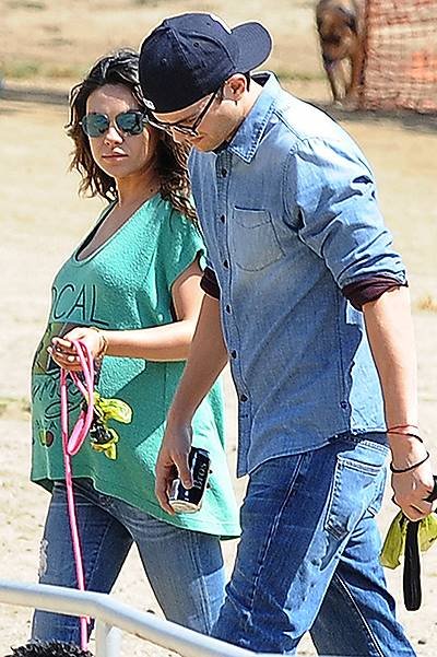 Pregnant, Mila Kunis and Ashton Kutcher seen taking their dogs to the dog park in Hollywood, CA on Saturday 092714
